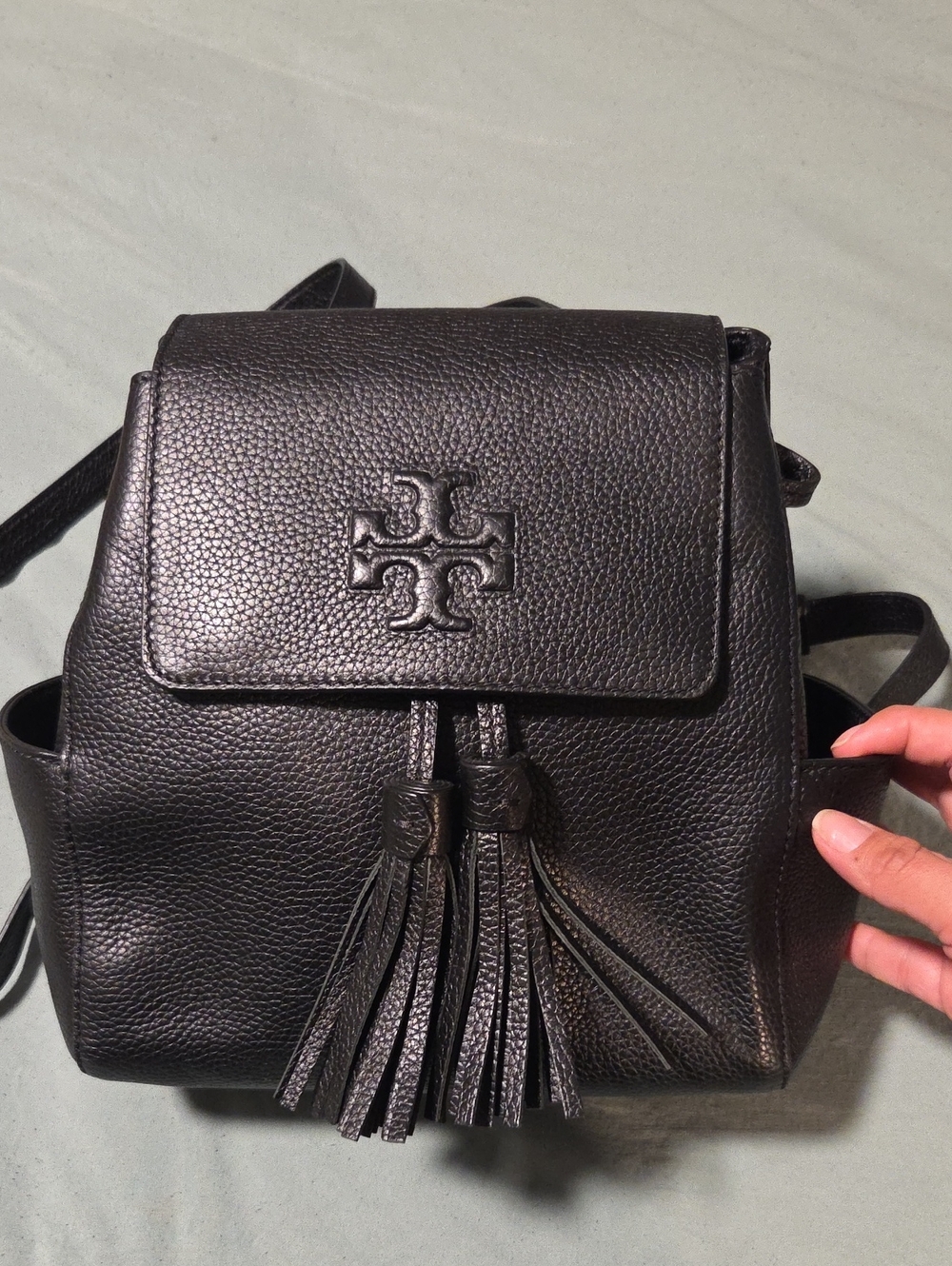 Tory Burch Black Pebbled Leather Tassel Backpack